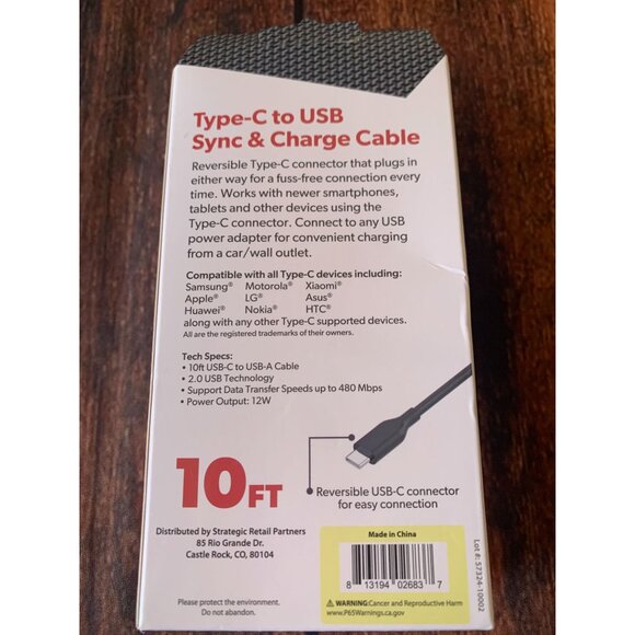10Ft USB Type-C To USB Sync & Charge Cable Mobilcharge Data Sync Power Charge - Picture 2 of 2